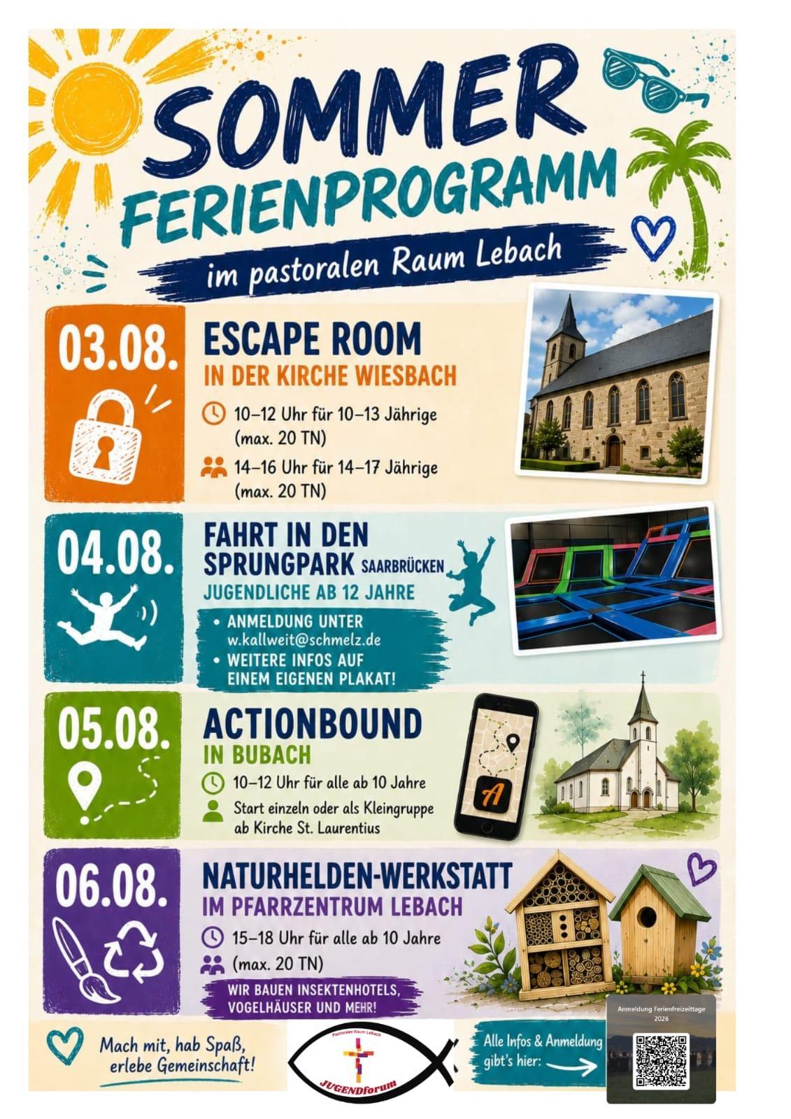 Bunter Flyer zum Sommerferienprogramm im pastoralen Raum Lebach mit Illustration von Sonne und Palmen. Aufgelistet sind vier Veranstaltungen vom 3. bis 6. August: Escape Room in der Kirche Wiesbach, Ausflug in den Sprungpark Saarbrücken, Actionbound in Bubach und Naturhelden‑Werkstatt im Pfarrzentrum Lebach. Dazu passende Bilder wie Kirche, Trampolinhalle und gebaute Insektenhotels sowie Hinweise zu Zeiten, Altersgruppen und Anmeldung per QR-Code. Dieses Bild wurde mit Hilfe von künstlicher Intelligenz erzeugt.