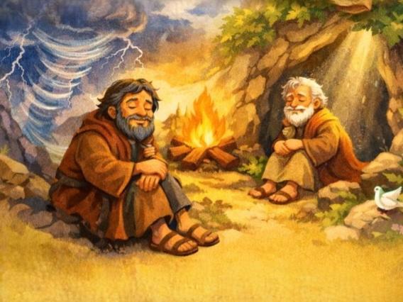 Zwei Männer sitzen an einem Feuer vor einer Höhle