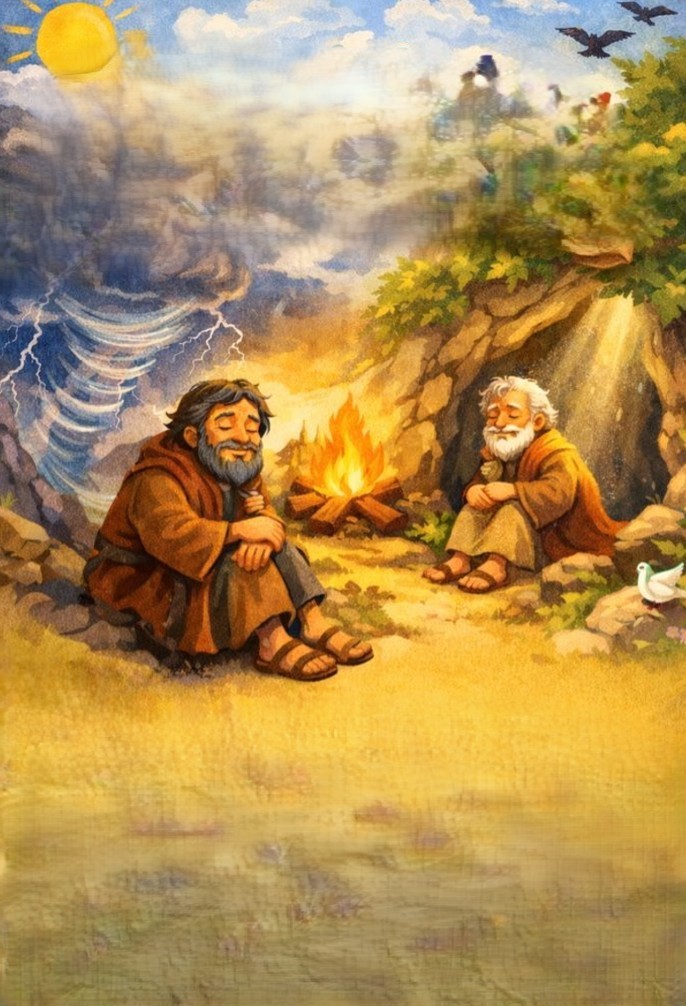 Zwei Männer sitzen an einem Feuer vor einer Höhle