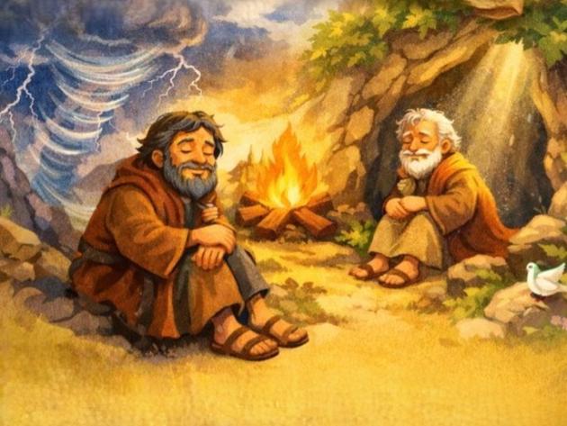 Zwei Männer sitzen an einem Feuer vor einer Höhle