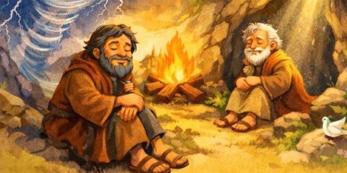 Zwei Männer sitzen an einem Feuer vor einer Höhle