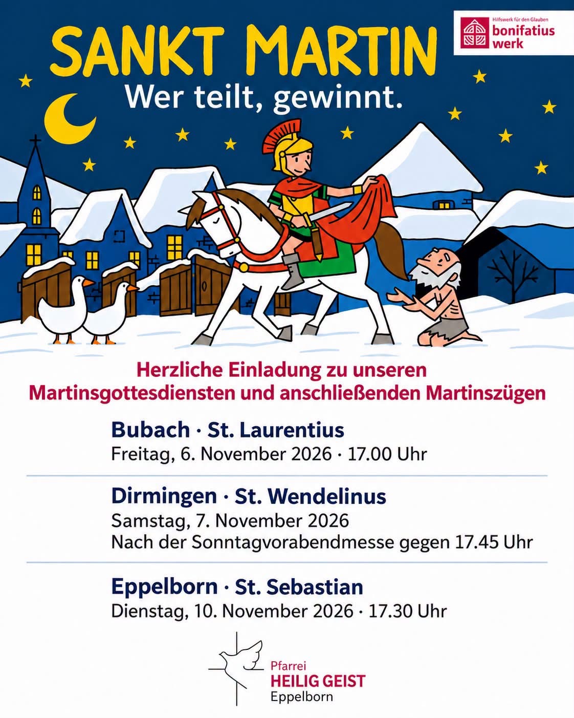 Eine gezeichnete Bilderszene mit St. Martin, dem Bettler und 2 Gänsen, Termine von 3 Martinsgottesdiensten
