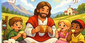 Ein Mann= Jesus sitzt mit Kindern auf dem Boden. Alle essen Brot.