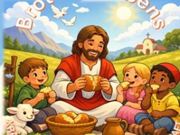 Ein Mann= Jesus sitzt mit Kindern auf dem Boden. Alle essen Brot.