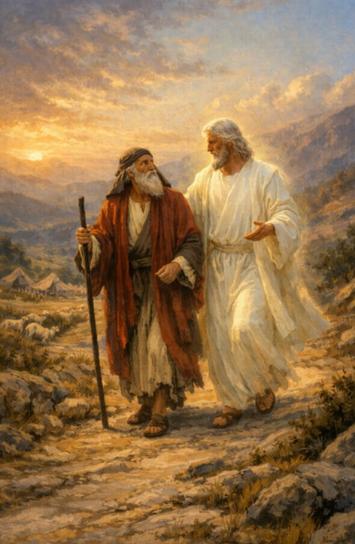 Zwei Männer gemeinsam unterwegs. Einer hat einen Wanderstab, der zweite ist in Weiß gekleidet