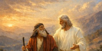 Zwei Männer gemeinsam unterwegs. Einer hat einen Wanderstab, der zweite ist in Weiß gekleidet