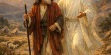 Zwei Männer gemeinsam unterwegs. Einer hat einen Wanderstab, der zweite ist in Weiß gekleidet