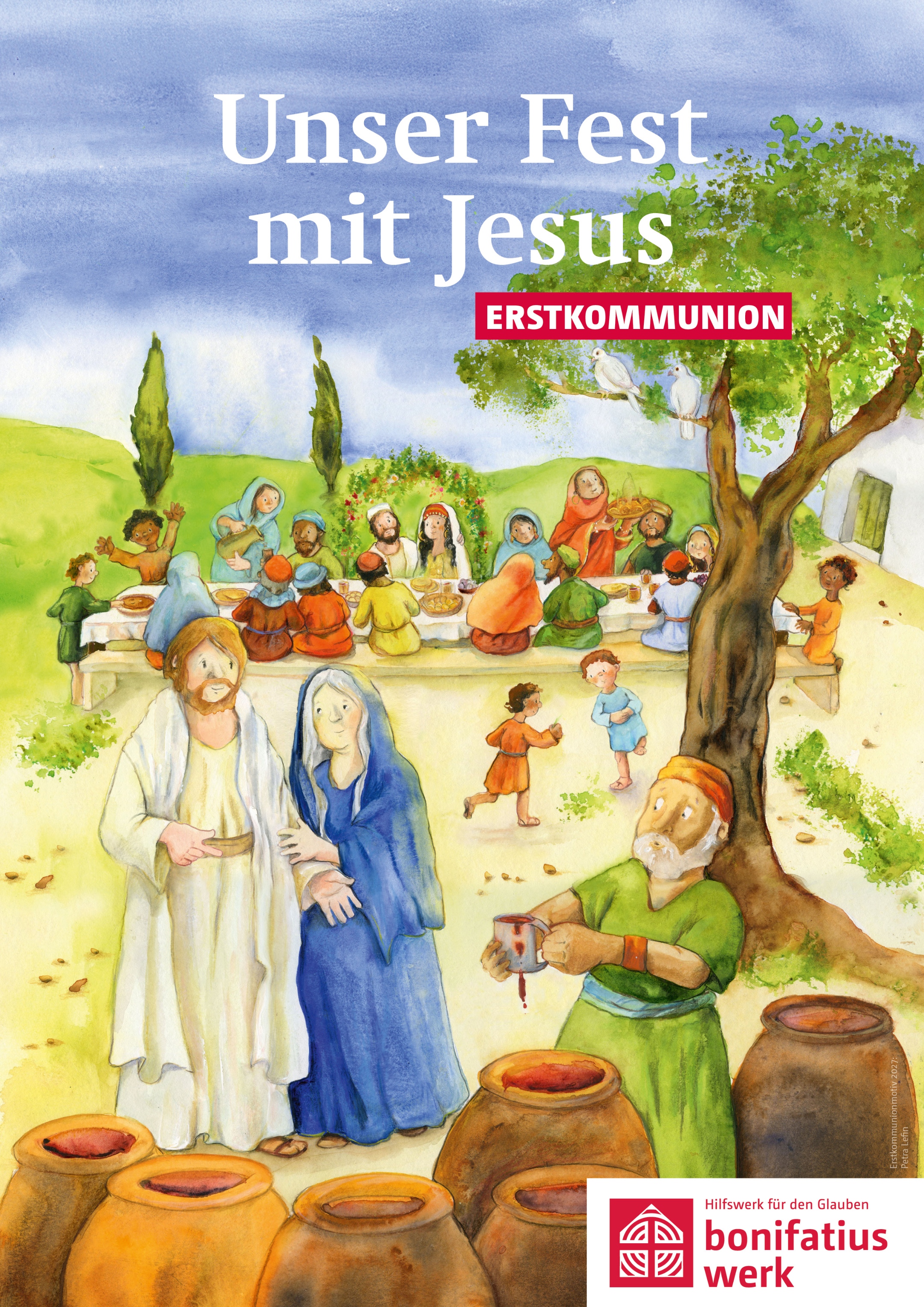 Ein buntes Plakat mit Jesus und Maria, viele Kinder und im Vordergrund Krüge