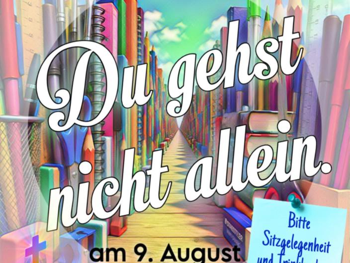 Schriftzug: Du gehst nicht allein - mit einem Weg und buntem HIntergrund