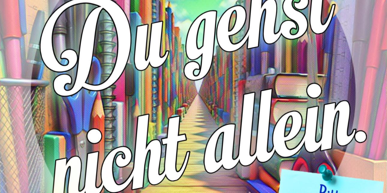 Schriftzug: Du gehst nicht allein - mit einem Weg und buntem HIntergrund