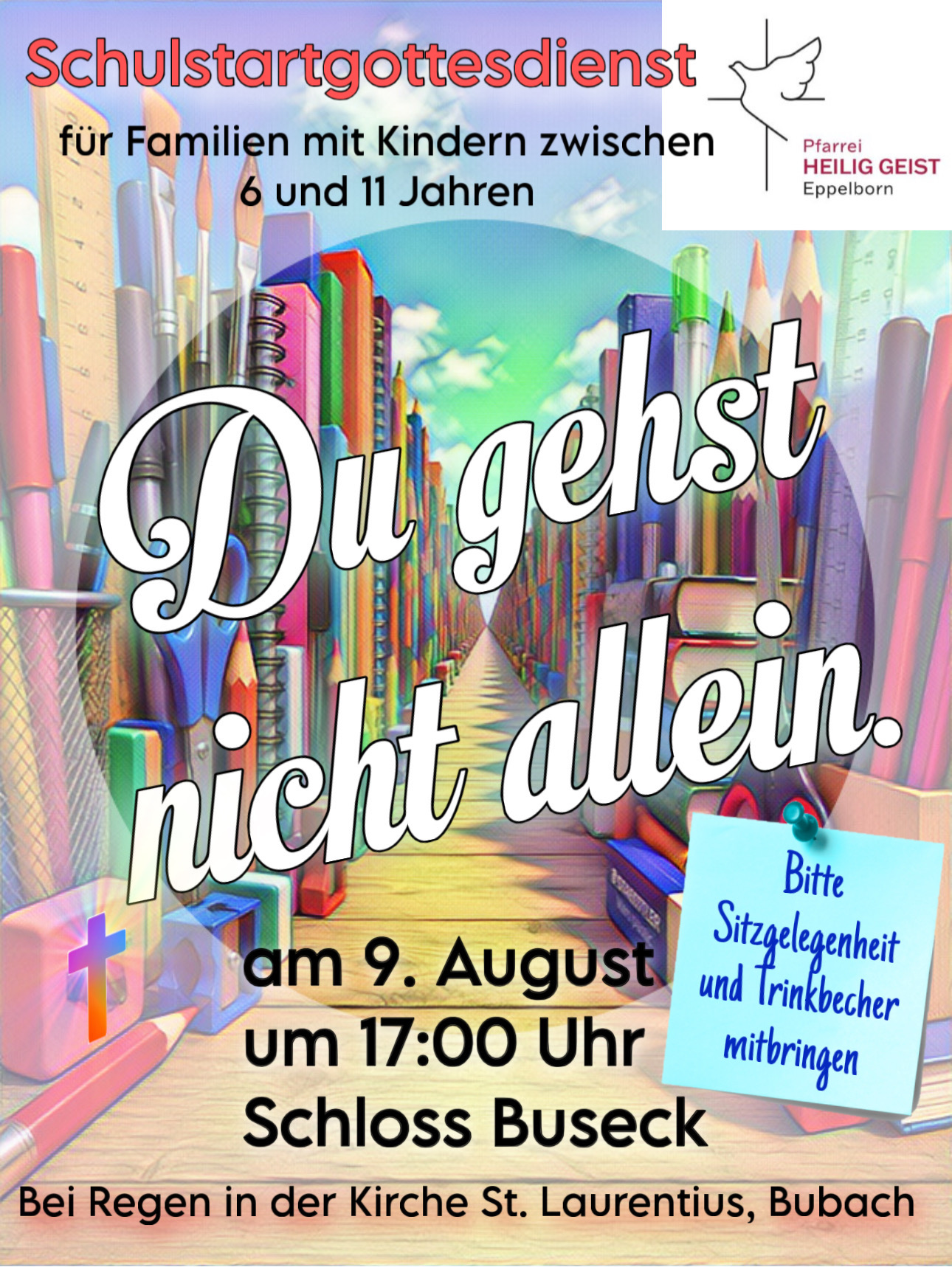 Schriftzug: Du gehst nicht allein - mit einem Weg und buntem HIntergrund