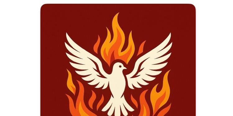 Eine gezeichnete Taube in einer Feuerflamme.