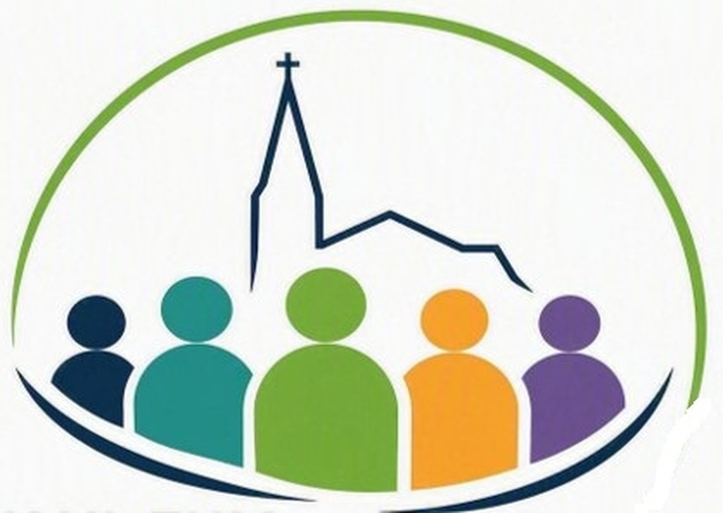 eine Zeichnung mit 5 stilisierten bunten Männchen, der Silhouette einer Kirche mit Kirchturm in einem grünen Oval