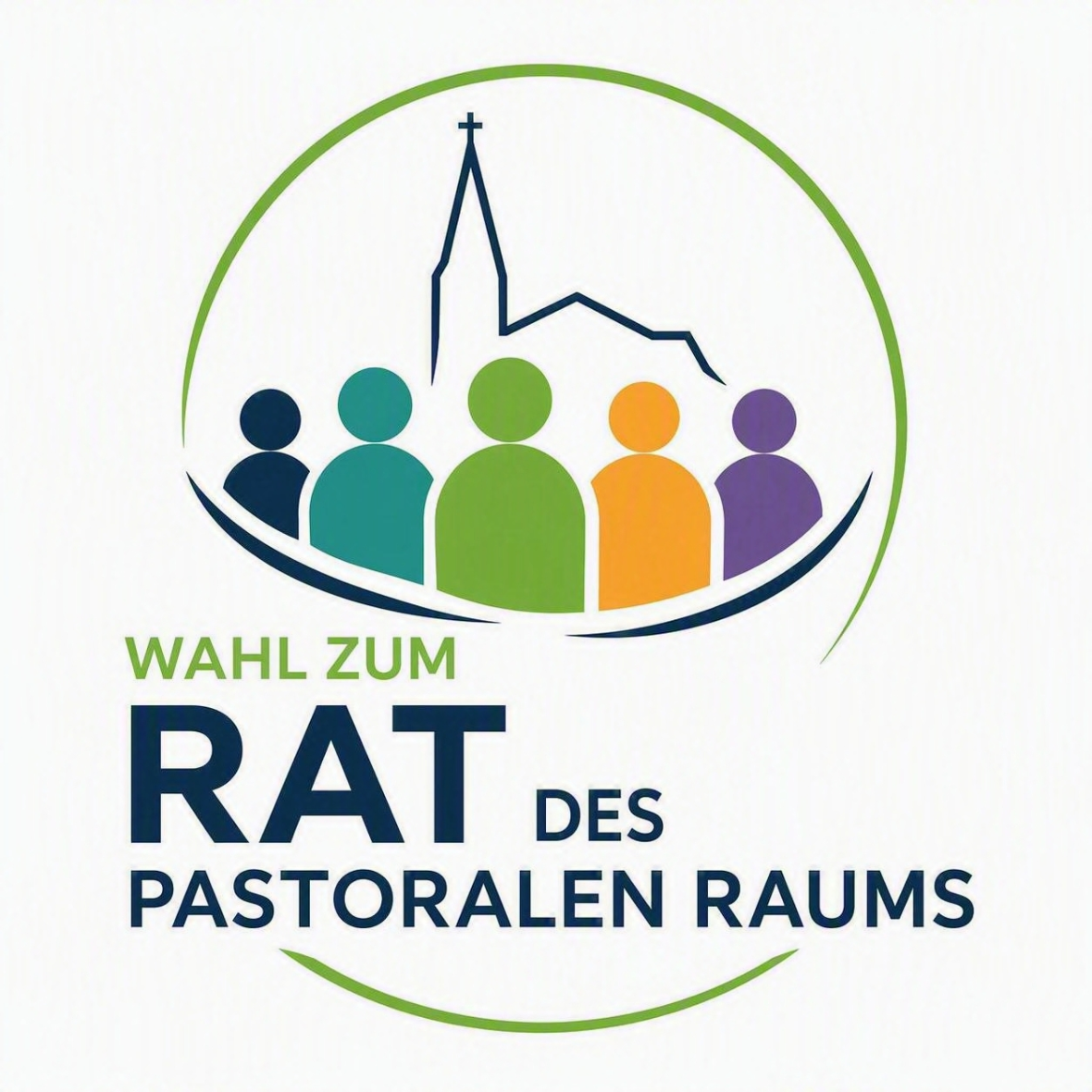 Das Logo zeigt fünf stilisierte Personen in Blau, Türkis, Grün, Orange und Violett. Über den Figuren ist der Umriss einer Kirche mit Kirchturm dargestellt. Ein grüner Kreis umschließt die Darstellung und symbolisiert Gemeinschaft. Unter dem Motiv steht der Schriftzug „Wahl zum Rat des Pastoralen Raums“.