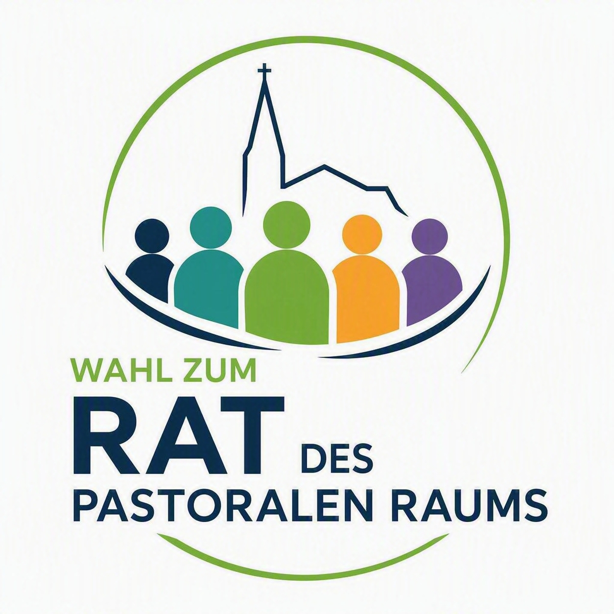 Das Logo zeigt fünf stilisierte Personen in Blau, Türkis, Grün, Orange und Violett. Über den Figuren ist der Umriss einer Kirche mit Kirchturm dargestellt. Ein grüner Kreis umschließt die Darstellung und symbolisiert Gemeinschaft. Unter dem Motiv steht der Schriftzug „Wahl zum Rat des Pastoralen Raums“.