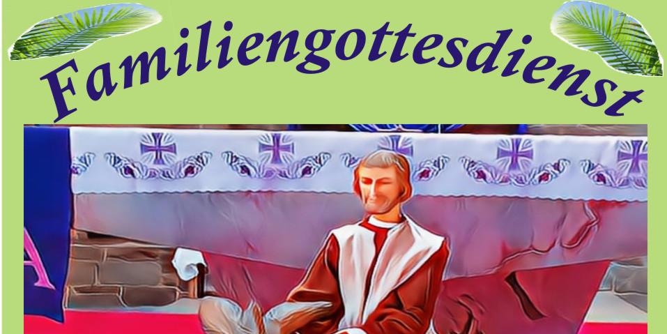 Das Plakat zeigt ein buntes, gemaltes Motiv: Eine Figur in einem langen Gewand sitzt auf einem Esel, umgeben von grünen Palmzweigen und mehreren großen Vasen. Der Hintergrund ist leuchtend rot, rosa und blau. Oben steht groß der Titel „Familiengottesdienst“. Darunter folgen Informationen zum Termin:  Kirche Maria Königin, Dörsdorf Samstag, 28. März 2026 16 Uhr – Gottesdienst mit Segnung der Palmzweige Mitwirkung der „Kreuz und Quer Kids“ Palmsträußchen gibt es gegen Spende Kleine Überraschung für Kinder  Im unteren Bereich sind kleine Illustrationen eines Hasen, einer Blume und eines Palmenblatts zu sehen.