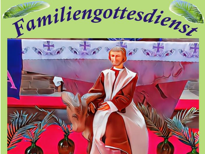 Das Plakat zeigt ein buntes, gemaltes Motiv: Eine Figur in einem langen Gewand sitzt auf einem Esel, umgeben von grünen Palmzweigen und mehreren großen Vasen. Der Hintergrund ist leuchtend rot, rosa und blau. Oben steht groß der Titel „Familiengottesdienst“. Darunter folgen Informationen zum Termin:  Kirche Maria Königin, Dörsdorf Samstag, 28. März 2026 16 Uhr – Gottesdienst mit Segnung der Palmzweige Mitwirkung der „Kreuz und Quer Kids“ Palmsträußchen gibt es gegen Spende Kleine Überraschung für Kinder  Im unteren Bereich sind kleine Illustrationen eines Hasen, einer Blume und eines Palmenblatts zu sehen.