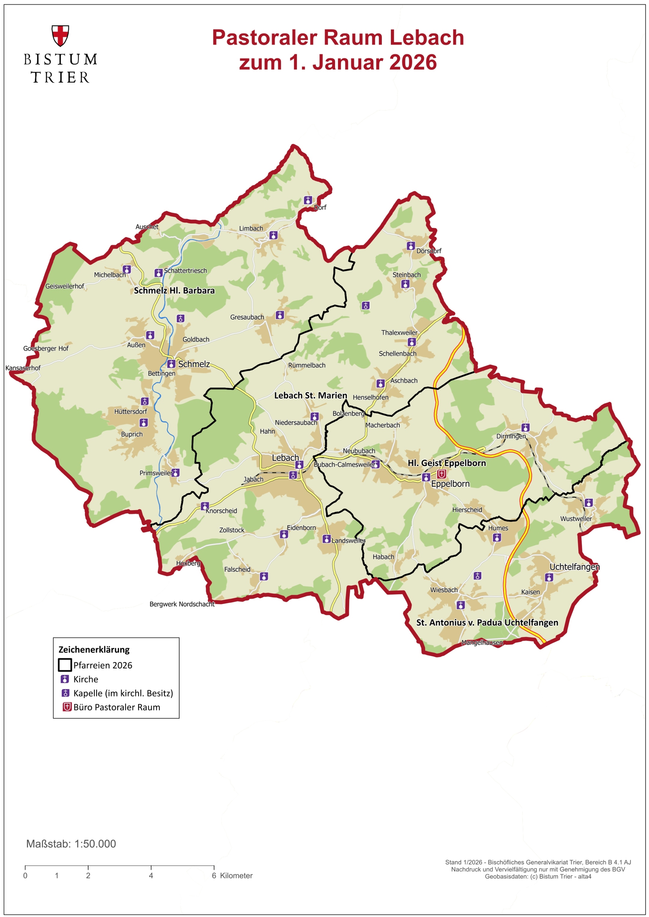 Die Grafik zeigt eine Karte des „Pastoralen Raums Lebach“ (Stand 1. Januar 2026). Der Bereich ist rot umrandet und in mehrere Pfarreien unterteilt. Orte wie Lebach, Schmelz, Eppelborn und Uchtelfangen sind beschriftet. Symbole kennzeichnen Kirchen, Kapellen sowie das Büro in Eppelborn. Eine Legende und eine Maßstabsleiste befinden sich am unteren Rand. (c) Bistum Trier Die Grafik zeigt eine Karte des „Pastoralen Raums Lebach“ (Stand 1. Januar 2026). Der Bereich ist rot umrandet und in mehrere Pfarreien unterteilt. Orte wie Lebach, Schmelz, Eppelborn und Uchtelfangen sind beschriftet. Symbole kennzeichnen Kirchen, Kapellen sowie das Büro in Eppelborn. Eine Legende und eine Maßstabsleiste befinden sich am unteren Rand.