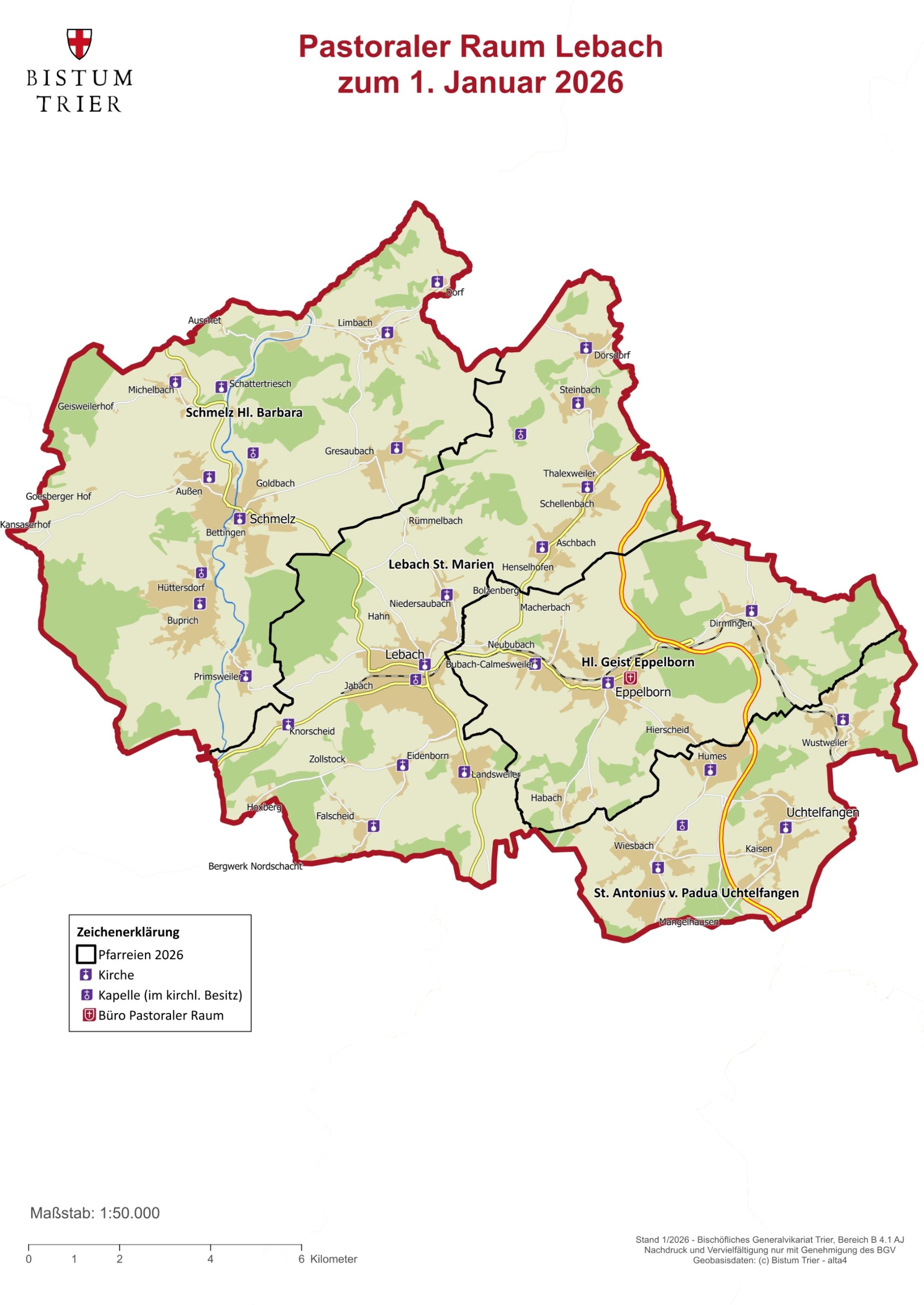 Die Grafik zeigt eine Karte des „Pastoralen Raums Lebach“ (Stand 1. Januar 2026). Der Bereich ist rot umrandet und in mehrere Pfarreien unterteilt. Orte wie Lebach, Schmelz, Eppelborn und Uchtelfangen sind beschriftet. Symbole kennzeichnen Kirchen, Kapellen sowie das Büro in Eppelborn. Eine Legende und eine Maßstabsleiste befinden sich am unteren Rand.