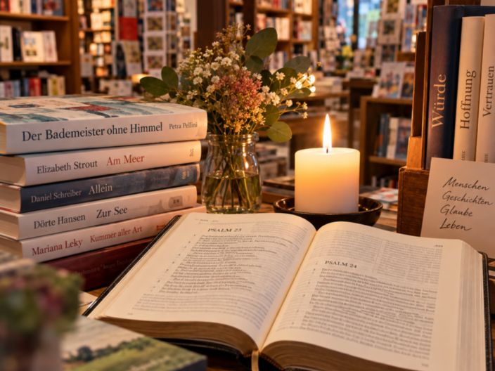 eine brennende Kerze in einer Buchhandlung