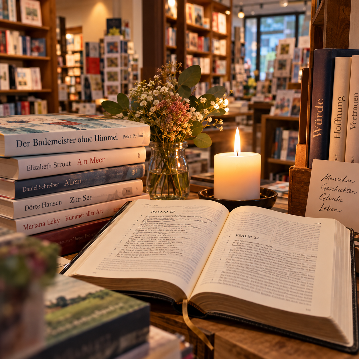 eine brennende Kerze in einer Buchhandlung