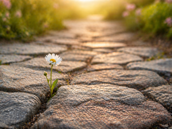 Weg mit Steinen und einer Blume