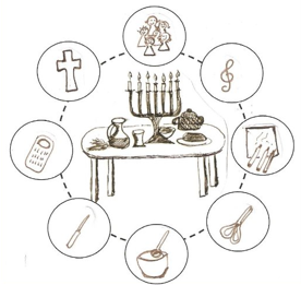 Ein Tisch mit Dingen zum Pessachmal. Drumherum im Kreis sind  Bastelsymbole zu sehen